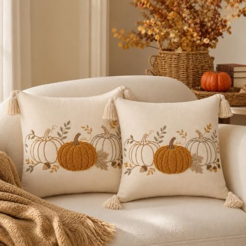 Fall Pumpkin Pillow Covers 18x18 Set of 2, Boho Neutral Pumpkin Decor by Berchaoki
