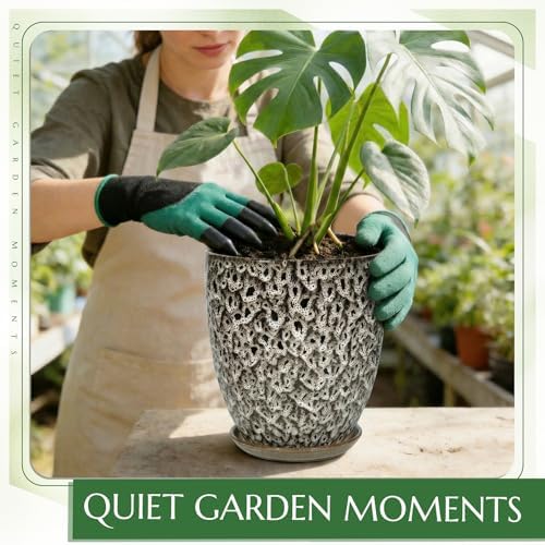 9.5 Inch Flower Pots for Indoor Plants,Ceramic Planter with Saucer Drainage Leak-Proof Mesh Gardening Gloves (Spotted White) - Image 5