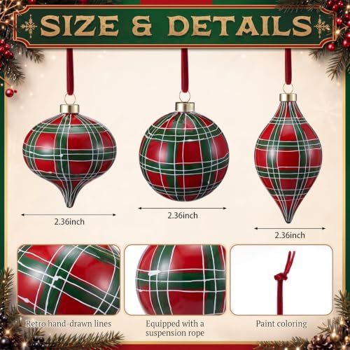12 Pcs 2.36in Christmas Scottish Tartan Ball Ornaments, Red - Image 2