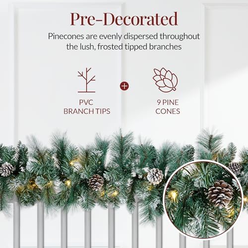 Best Choice Products 9ft Pre-Lit Christmas Garland Holiday Décor for Stairs, Mantel, w/Pine Cones, 2-in-1 White & Multi LED Lights - Semi-Flocked - Image 6