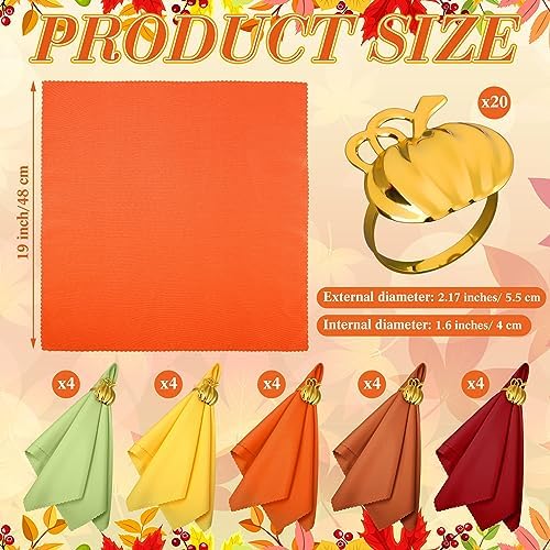 Preboun 20 Set Thanksgiving Cloth Napkins 19" with Pumpkin Ring Holders - Image 2