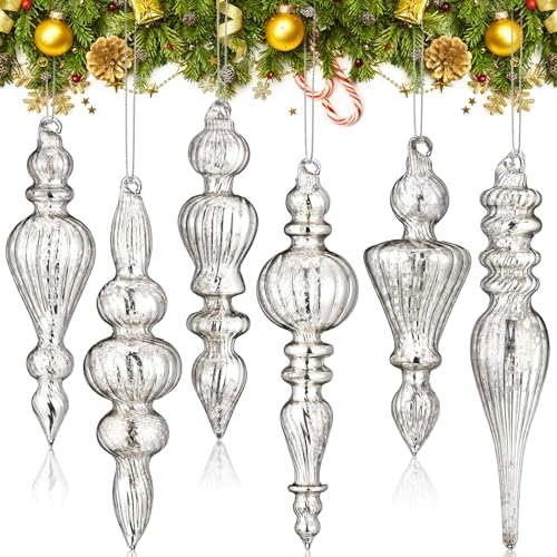 Soaoo 6 Pcs 6.3 in Silver Mercury Glass Finial Christmas Ornaments by Soaoo