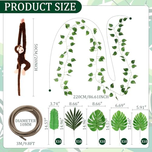 Chivao 69 Pcs Jungle Party Decoration Include 8 Hanging Plush Monkey Stuffed Animal, 10 ft Artificial Rattan, 50 Palm Leaves with 10 Fake Ivy Vine for Classroom Birthday Party Favor(Dark Brown) - Image 2