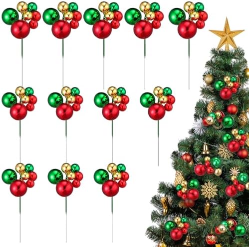 Daifunli 12 Pcs Red Green and Gold Christmas Tree Picks 7.87 Inch Christmas Balls Ornaments Xmas Decorations for Xmas Tree Topper DIY Wreath Holiday Floral Vase Fillers Crafts Home Decor by Huiinen
