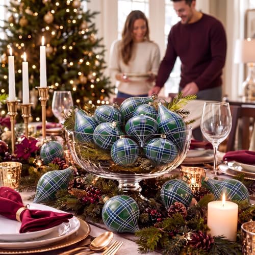 12 Pcs 2.36in Christmas Scottish Tartan Ball Ornaments, Green - Image 6