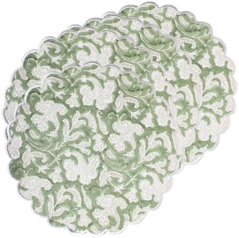 Ridhi Bo-ho Round Place Mat Double Layer Floral Cotton Washable Placemats 15" Round Embroidery Block Print Table Mat (Pack of 4-15 Inch Round, Sage Green) by Ridhi