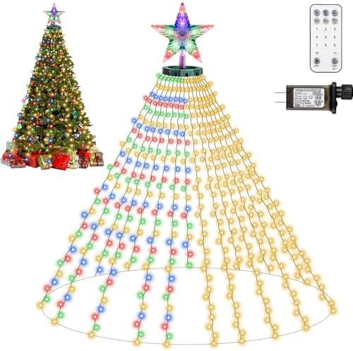 Christmas Tree Lights with Star Topper, 410LED Christmas String Lights with Ring for Tree, 6.6FT x 16 Lines Fairy Lights with 11 Modes for Indoor Outdoor Xmas Tree Decor, Warm White & Multi-Colored by AMIPEPE