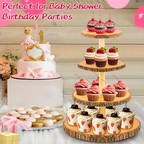 Cupcake Stand Wood Dessert Stands 4 Tier Wooden Cupcake Stand - Large Capacity, Bark-Covered, Varnished, Multi-Functional for Weddings, Baby Showers, and Parties. - Image 2