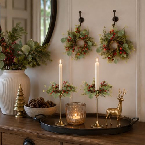 12 PCS Christmas Pine Taper Candle Rings Wreaths 1.38" Mini Norfolk Cedar Taper Candle Holder Wreaths Candle Rings with Berry for Xmas Winter Holiday Church Home Table Centerpiece Candlesticks Decor - Image 6