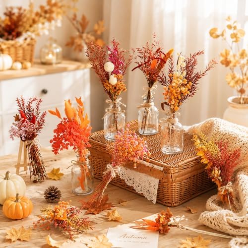 Nuanchu 10 Pcs Fall Dried Flowers Bouquet Boho, 10 Glass Vase, Rope - Image 4