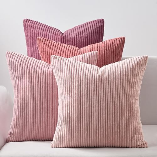 Topfinel Throw Pillow Cover 4pc Set - Multi Pink Combo - 26" x 26" Solid Cozy Corduroy Square Accent Decorative Cushion Case for Couch Sofa Chair Bed & Home, Only Covers by Topfinel