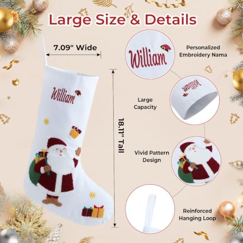 Personalized Christmas Stockings with Embroidered Name,White Canvas Stockings with Chenille Embroidered Santa Claus,Snowman or Gingerbread Man Pattern for Family & Holiday Decor(4 Pack) - Image 3