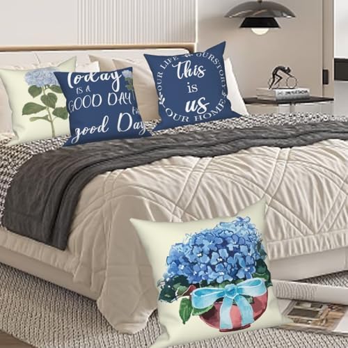 Blue Flowers Throw Pillow Covers 22"x22" Set of 4, Spring Outdoor Pillow Covers Home Decorative Floral Printed Cushion Covers for Couch Sofa Bedroom Farmhouse Livingroom Garden Patio Car - Image 7