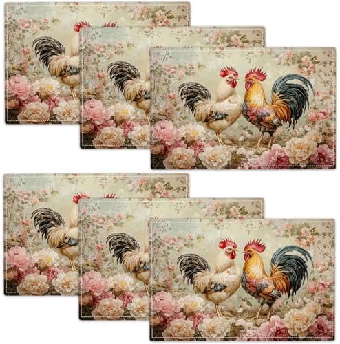 Farmhouse Rooster Placemats Set of 6 Rustic Chicken Flowers Table Mats Farm Country Place Mats Decor Imitation Linen Heat Resistant Tablecloth for Dining Decoration Kitchen Party Restaurants 12''x18'' by gkmaolt