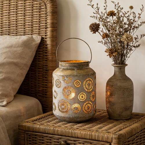 Rustic Metal Hanging Lantern, 8.66" H Vintage Distressed Gold Firework Cutout Decorative Lantern for Indoor Outdoor Use, Tabletop Patio Wedding Centerpiece, Fits Pillar & LED Candles - Image 5