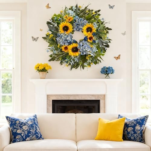 HipTree 24 Inch Spring Summer Wreath for Front Door,Hydrangeas Sunflowers - Image 4
