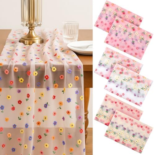 6 Pcs Embroidery Daisy Tulle Table Runners Bohemian Country Florals Tulle Lace Table Runner 120 Inch 10 Ft White Champagne Pink Lace Fabric for Home Dining Wedding DIY Craft by Hillsuren