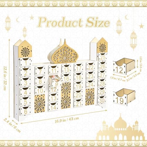 Wooden Ramadan Countdown Calendar, Eid Mubarak Advent Calendar with Drawer, Mosque Shaped Fillable Muslim Ramadan Decoration for Home Holiday Tabletop Decor Gift Party Supply - Image 3