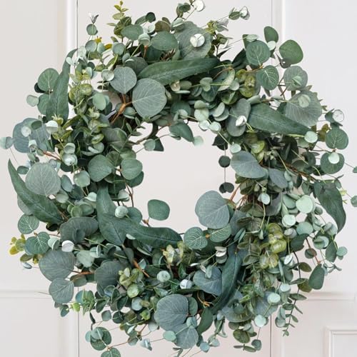 22" Eucalyptus Wreath, Year Round Wreaths for Front Door, Spring Summer Wreath with Green Faux Eucalyptus, All Seasons Evergreen Decor for Inside Farmhouse Festival Celebration Party by idyllic