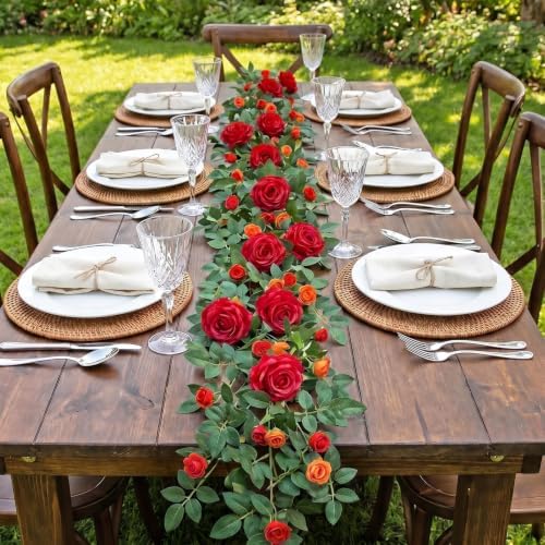 12FT Artificial Flower Garland 2 PCS Fake Red Silk Rose Vines Home Decor - Image 6