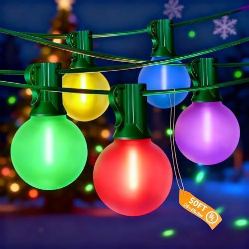 50Ft Outdoor Globe String Lights, LED G40 Colored Christmas Lights with 27 Shatterproof Frosted Globe Light Bulbs(2 Spare) for Holiday Gifts Bistro Balcony Roofline Garden Decor-Multicolor by Jasneniebo