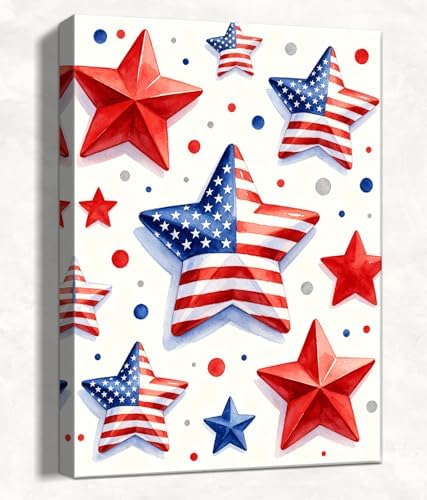 July 4th Patriotic Canvas Wall Art 4th of July USA Decorations American Flag Red Blue Star Picture Wall Decor Independence Day Home Decor 16x24in by HomeifHue