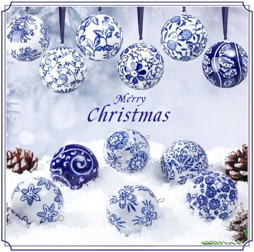 Cindeer 12 Pcs Blue and White Christmas Porcelain Balls, Elegant Style - Image 3