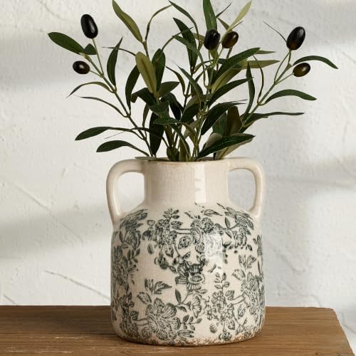 Ceramic Vase with Handles, Vintage Utensil Holder, Flower Decorative Vase Chinoiserie Decor Rustic Farmhouse Retro Floral Vases for Table Bookshelf Mantel Kitchen Living Room Office - 6.7” Gray 017 - Image 7