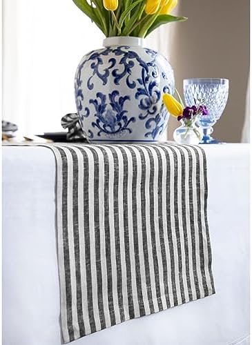 Solino Home 100% Pure Linen Table Runner, 14 x 90 in, Black, Amalfi Stripe - Image 2