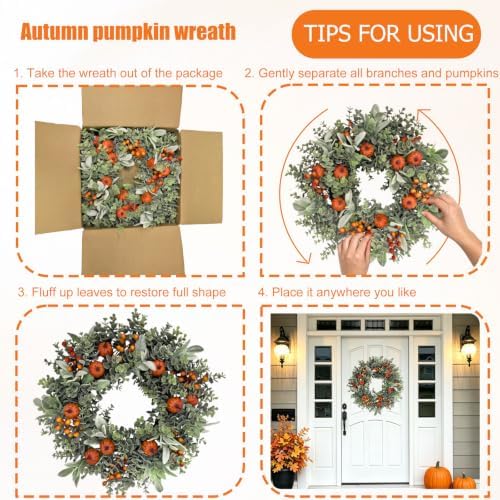 20-22" Fall Eucalyptus Wreath with Pumpkin, Front Door Farmhouse Home Decor - Image 5