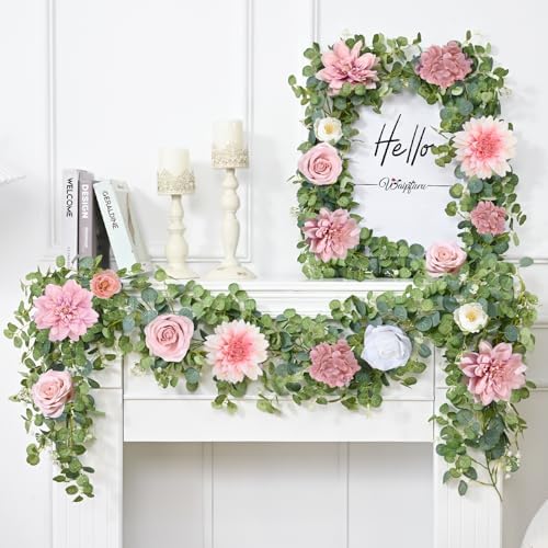 Waipfaru 2 Pcs Flower Garland, 12.14ft Eucalyptus Garland Vines with Flowers for Wedding Reception Table Mantle Spring Room Decor (Rose Pink) - Image 5