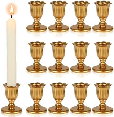 12 Pcs Gold Taper Candle Holders Brass Style Candlestick Holders Victorian Style Wedding Centerpiece Vintage Home Decor Christmas Mantel Decoration Fits Standard Taper Candles by VZZNN