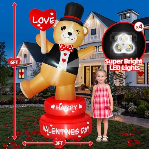 B&D 6FT Valentine Inflatables Outdoor Decorations, Rotating Valentines Bear Inflatable Stands on The Turntable Built-in LEDs Valentines Blow Up Yard Decorations for Party Wedding Propose Garden Lawn - Image 2