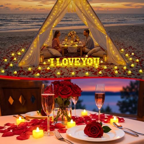 I Love You Light up Letter 24 Candles & 2000 Rose Petals, Deep Red - Image 2