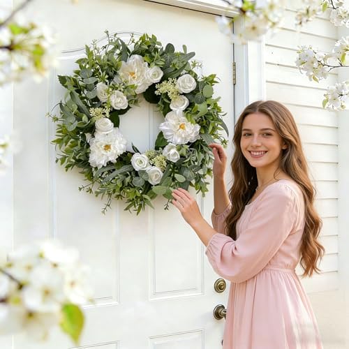 Betylifoy Summer Wreaths for Front Door 24" White Dahlia Rose Floral Wreath - Image 2