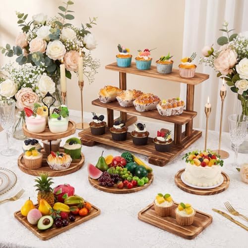 Roowest Set of 6 Rustic Wood Dessert Table Display Set - Cake Stands, Tiered Cupcake Tower & Serving Trays for Wedding, Baby Shower, Tea Party by Roowest