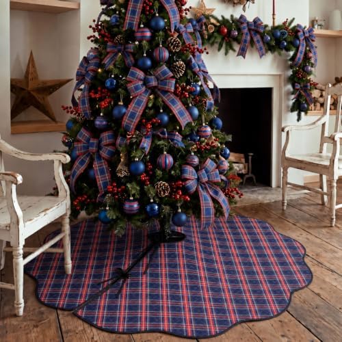 Junkin Navy Blue Plaid Quilted 60in Christmas Tree Skirt Tartan Tree Decor - Image 5