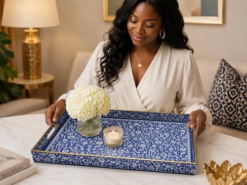 Decorative 3pcs Tray Set with Gold Handles, Elegant Luxury Style, for Living Room, Kitchen and Vanity. (Mosaic Blue Design) - Image 3