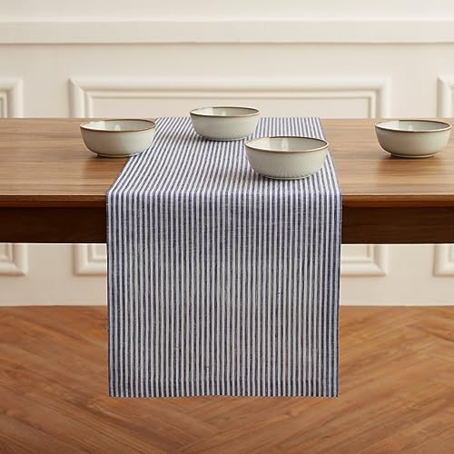 Solino Home 100% Pure Linen Table Runner, 14 x 90 in, Navy and White Stripe by SolinoHome