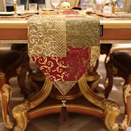 Loom and Mill Luxury Jacquard Table Runner 13x108 inch, Triangle-Red Gold - Image 3