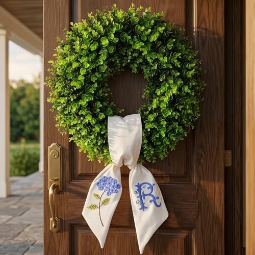 Boxwood Wreath for Front Door Spring Summer Wreaths Farmhouse Door Hanger,Last Name Year Round Porch Decor,20 inch Geen Door Wreath with Personalized Monogram sash Embroidered Hydrangea and Letter- R - Image 4