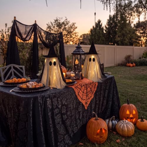 SiliFine 2 Pack Halloween Light up Ghost Decorations with Witch Hats, Black - Image 3
