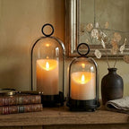 Hurricane Candle Holders Set of 2-10" & 7.8" Black Metal Base with Glass Dome, Includes 2 Pillar Candles, Hanging or Tabletop Centerpiece (Batteries Not Included) - Image 2