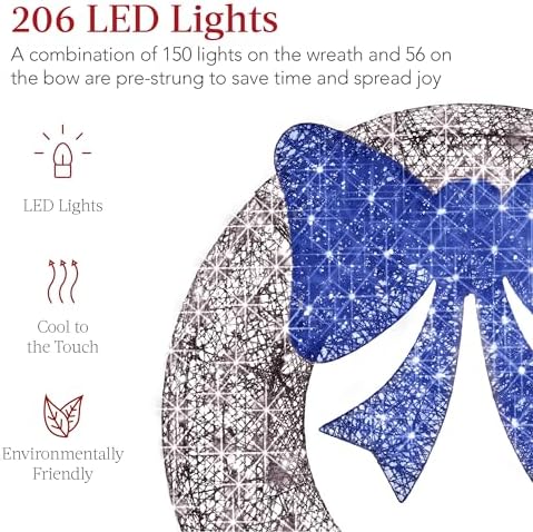 Best Choice Products 60in Pre-Lit Outdoor Christmas Wreath Decoration, LED Metal Holiday Decor for Home Exterior, Garden w/ 206 Lights, Bow - Hanukkah Silver/Blue - Image 3