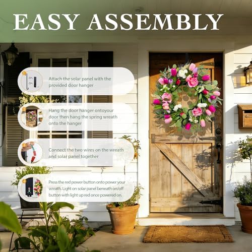 Solar Spring Wreath for Front Door 24inch 50LED Pre-lit Wreaths Spring Summer Decorations Tulips Wreath with Colorful Flowers for Outside Home Decor Festival Farmhouse Decor(2403) - Image 3