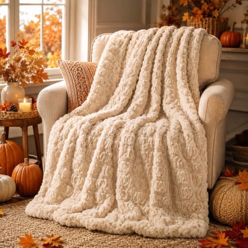 Fall Halloween Pumpkin Throw Blanket - Beige Autumn Decor for Couch Bed by ChezMax