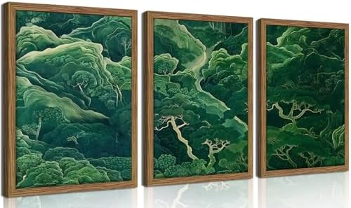 Japanese Nature Forest Wall Art Set of 3, Sage Green Moss Botanical Canvas Wall Decor Paintings, Vintage Mountain Landscape Zen Artwork Pictures Prints for Living Room Bedroom 16x24 Inch Framed by Unknown