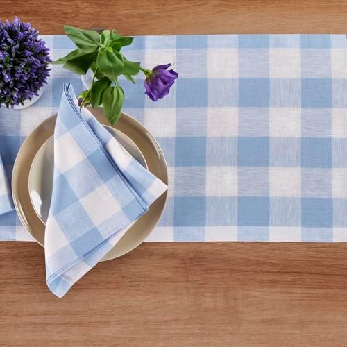 Solino Home 100% Pure Linen Table Runner, 14 x 144 in, Blue and White Check - Image 3