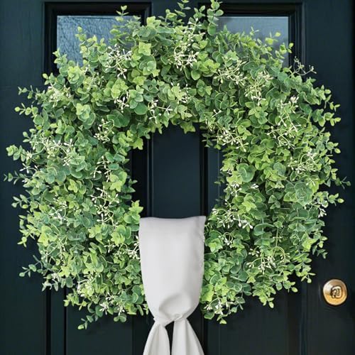 26" Artificial Eucalyptus Wreath with Sash for Front Door Decoration(Green) by YXZZWL