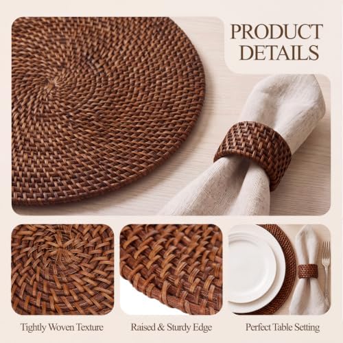 6 Pcs Rattan Charger Placemats with Napkin Rings Set, Dark Brown - Image 6